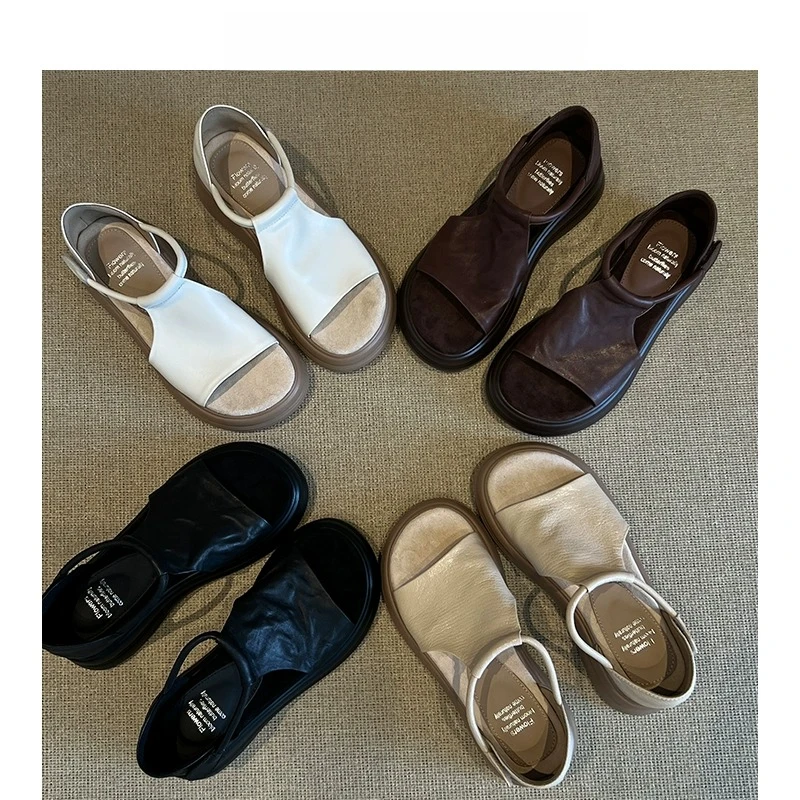 舒适款复古休闲厚底露趾凉鞋女2025新款夏软皮超火小众软底罗马鞋