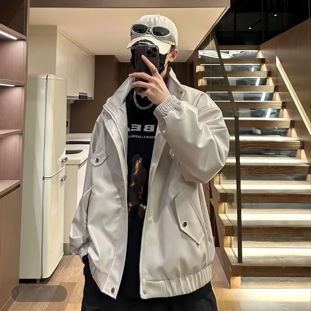 2025新款休闲机车情侣款宽松皮夹克外套牛仔裤