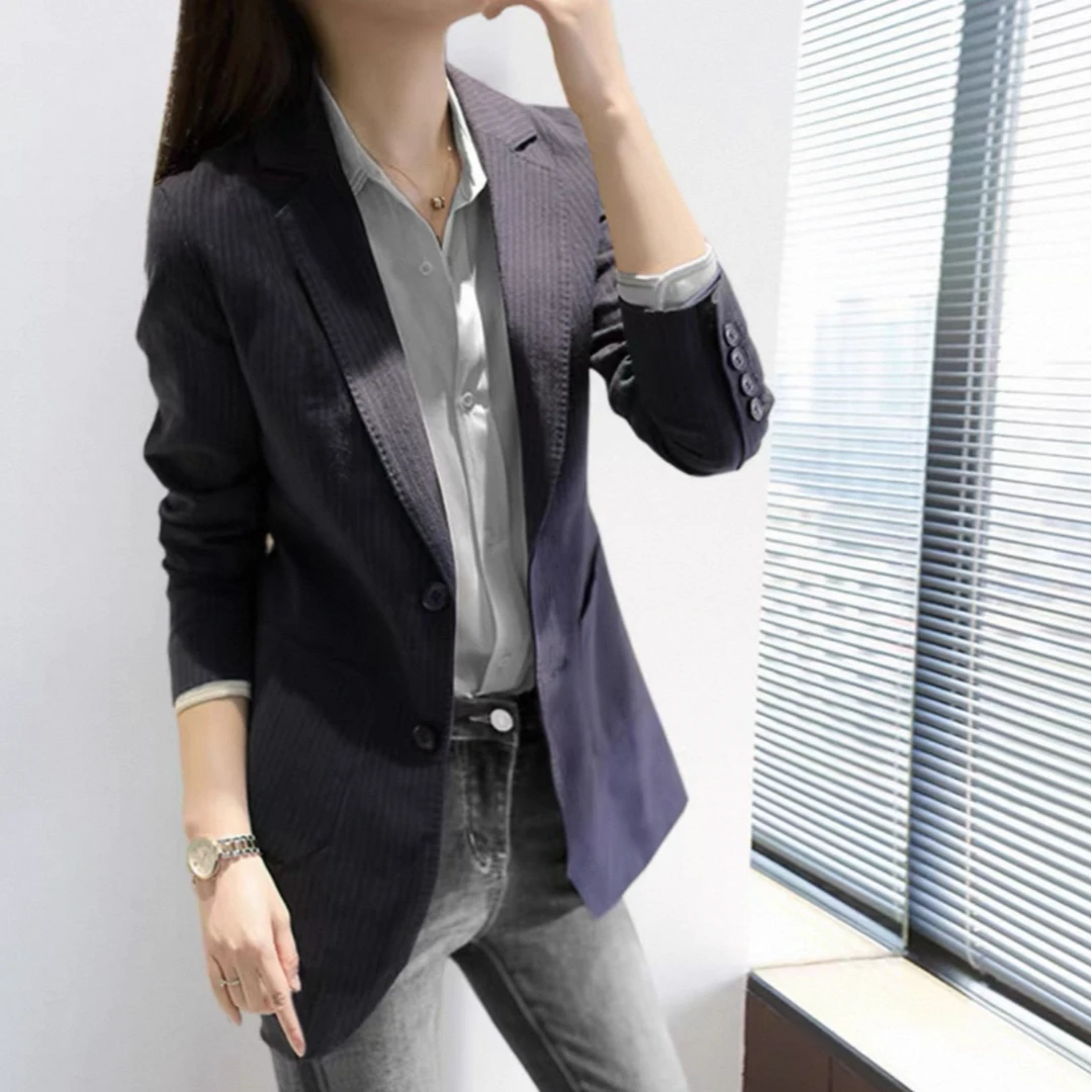 茉澜经典正装藏青竖条纹棉麻西装外套两粒扣韩版修身外套长袖
