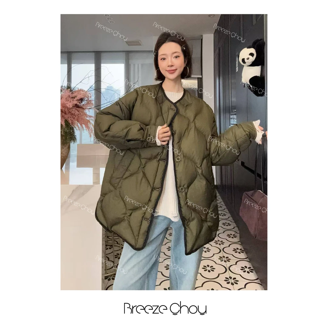 Breeze Chou双面95白鸭绒中长款菱格羽绒服宽松保暖外套