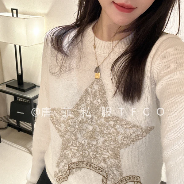 （少量现货） 顶版！秒700+ 德国进口机刺绣 五角星白色山羊绒毛衣
