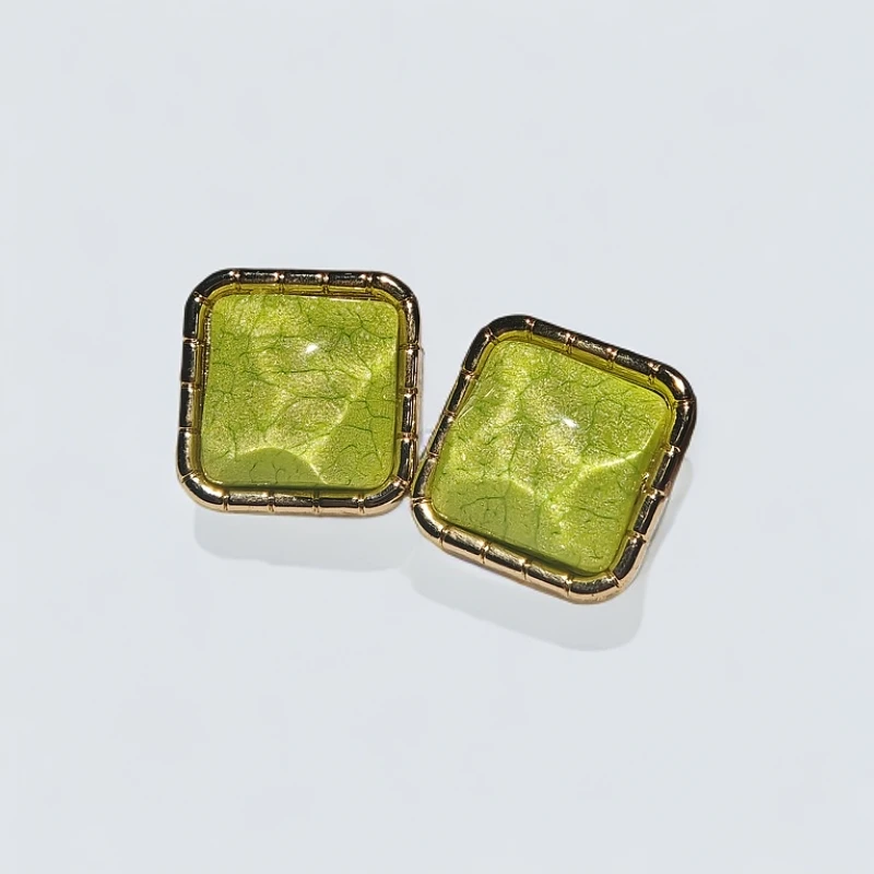 铜合金树脂耳饰 方块绿色冰透耳钉气质时尚百搭复古小众简约