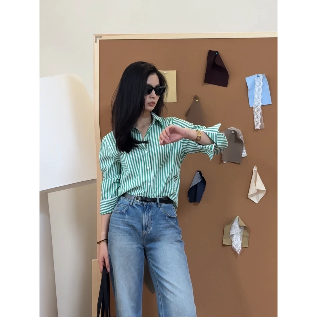 Yihouse2025新款时尚舒适气质风防晒条纹宽松衬衫女百搭显瘦衬衣