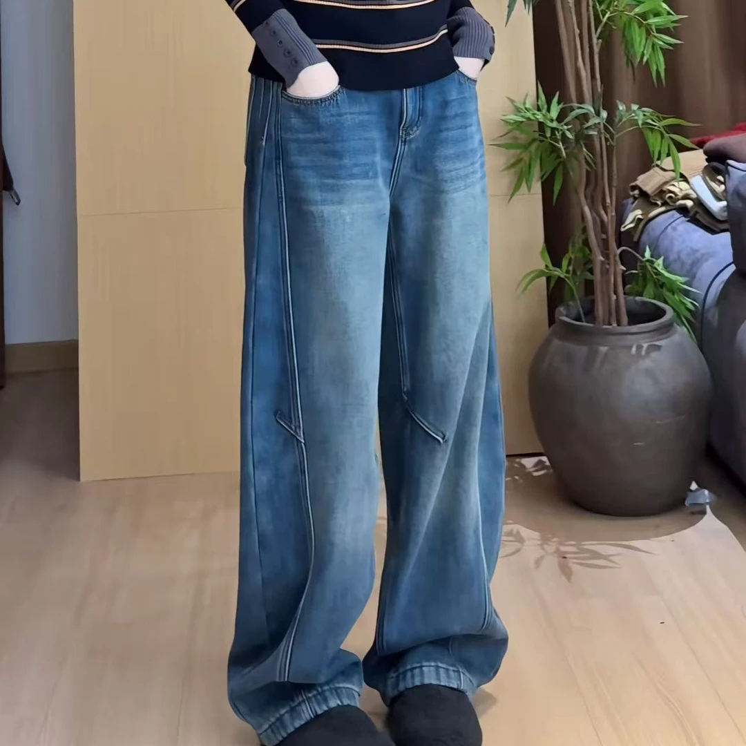 冬季新款百搭时尚休闲设计感加绒新款加绒牛仔阔腿弯刀裤b3122 T