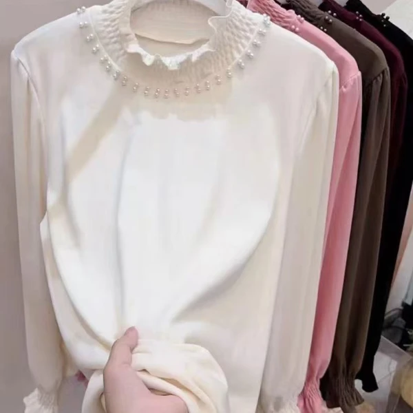 秋冬钉珠长袖常规款高领拼接加厚T恤设计师半高领重工加厚白色