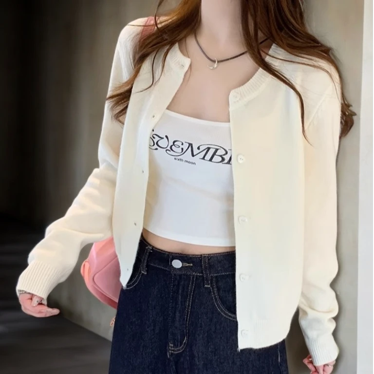 安迪绒长袖针织毛衣开衫外套女秋季休闲配裙吊带裙外搭黑色上衣春