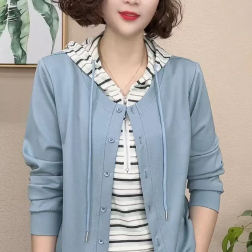 2025春秋新款时尚气质洋气休闲百搭连帽女士假两件长袖#312