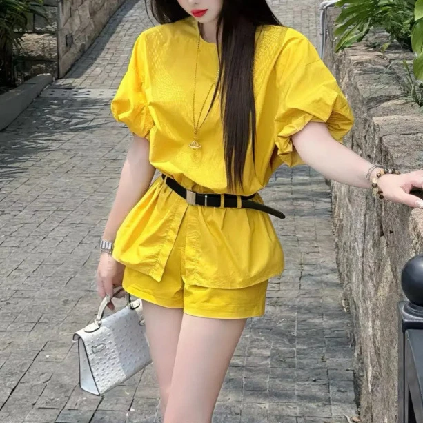 2025新款送腰带 十一家韩版灯笼袖衬衫圆领开叉上衣两件时尚套装