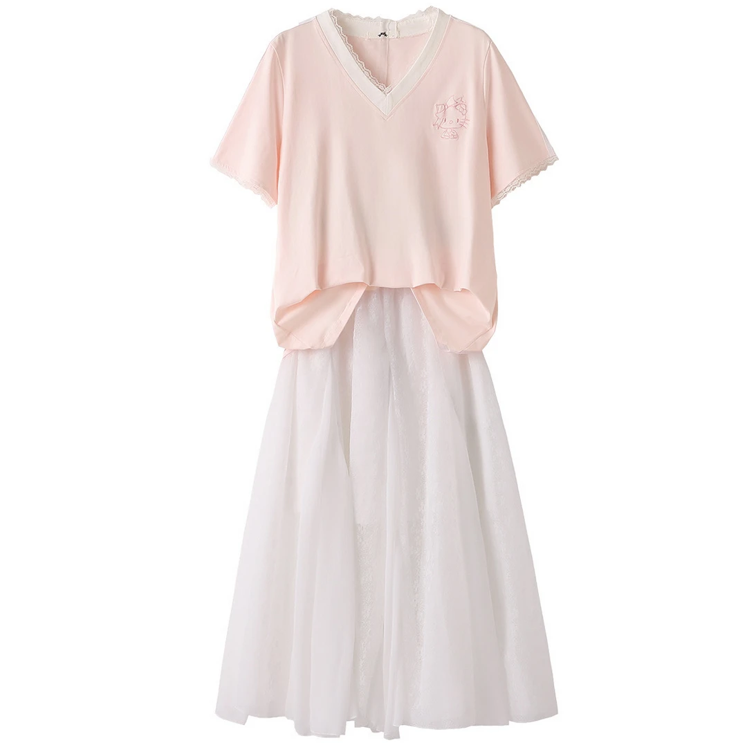 YH-66946大码女装胖mm蕾丝V领短袖T恤高腰半身裙两件套夏季新款