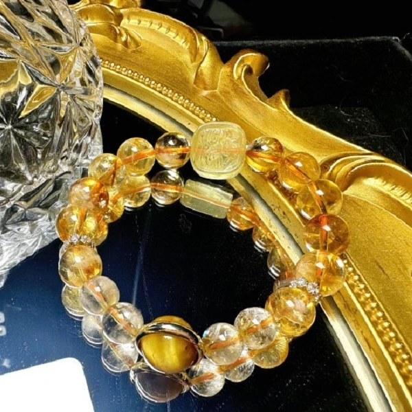 【富九洲】9.5-10m黄塔晶+7m金发晶+10m金虎眼设计款手串多样性发一