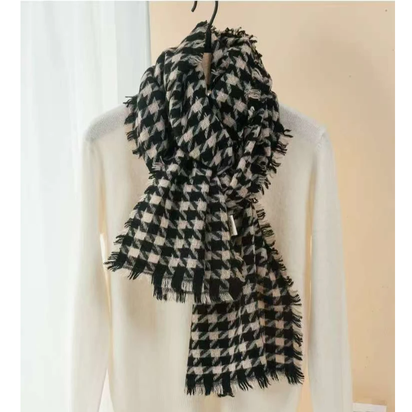 麻享【40*190cm】千鸟格羊毛围巾流苏边文艺四季款百搭简约FSY51065