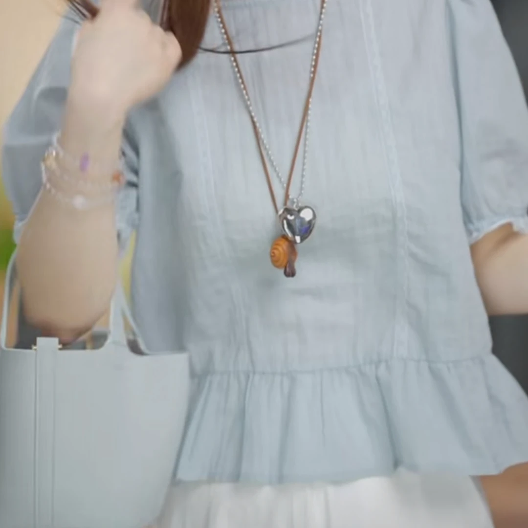 法式圆领蕾丝花边感棉布上衣女2025夏季新款休闲宽松绝美漂亮小衫