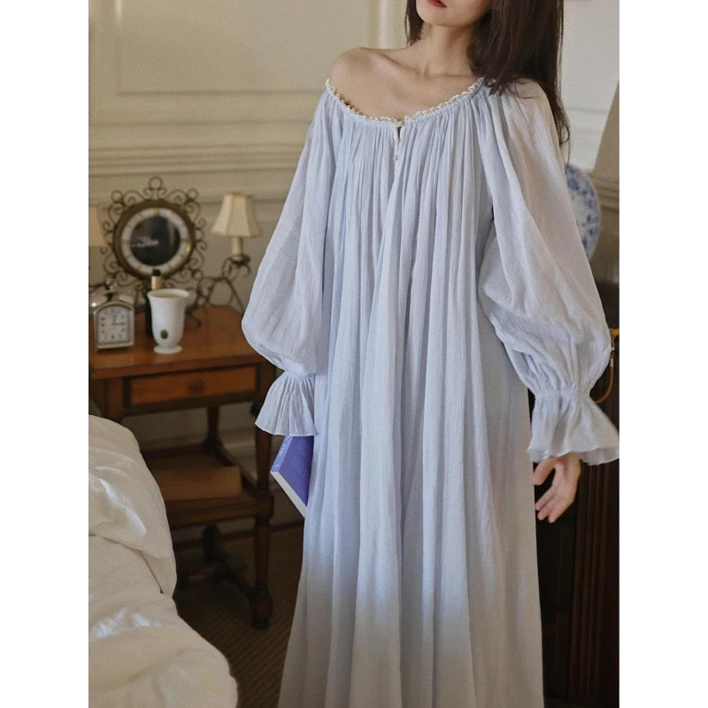 法式甜美宫延风睡裙女春秋款2025年新款宽松大码中长款家居服裙子