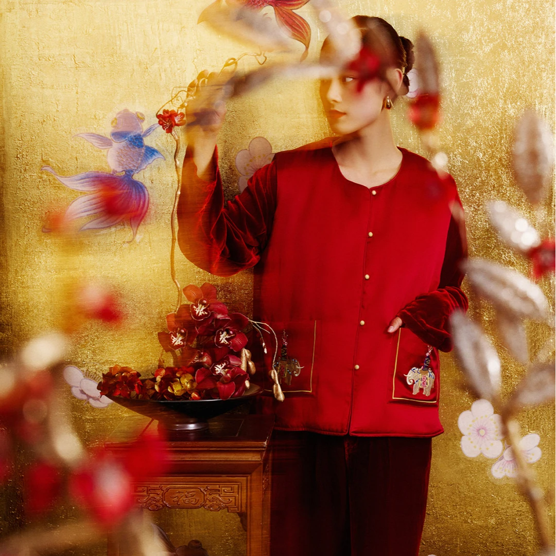 BEAST/野兽派太平有象22姆米真丝夹棉马甲中式风红色上衣新年礼物
