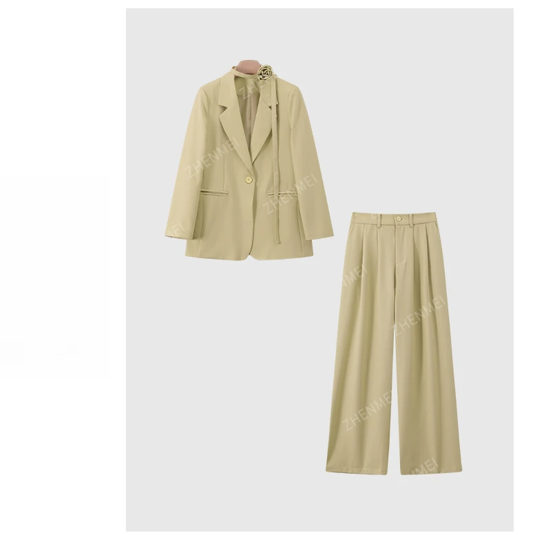 【鳕鱼定制】新款早秋季玫瑰花系带西装外套女长裤西裤西服25068