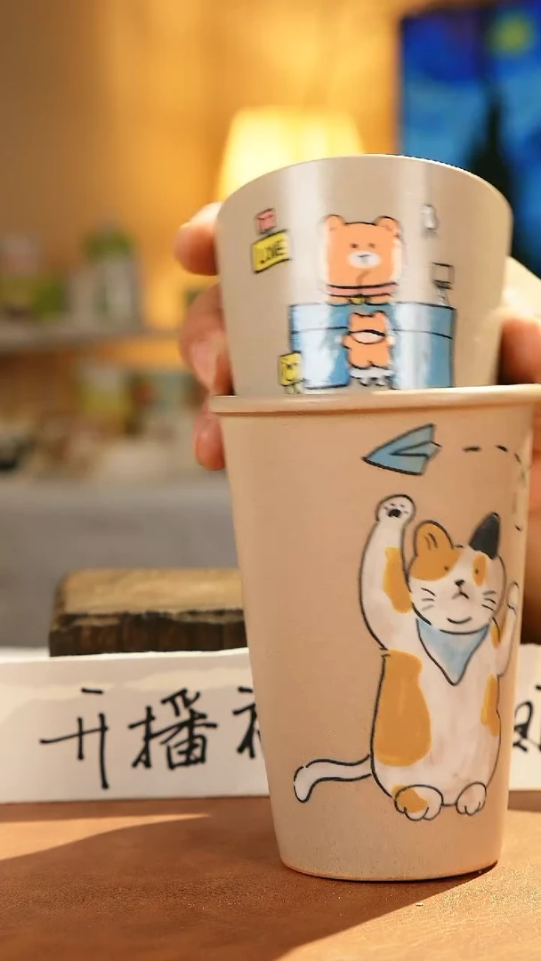 摆件景德镇漫工造器猫猫可乐杯一大一小