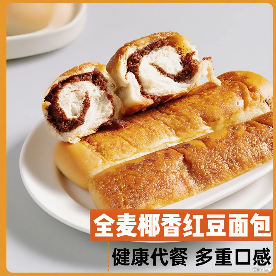 全麦椰香红豆面包夹心椰蓉香醇甜而不腻适合当早餐零食