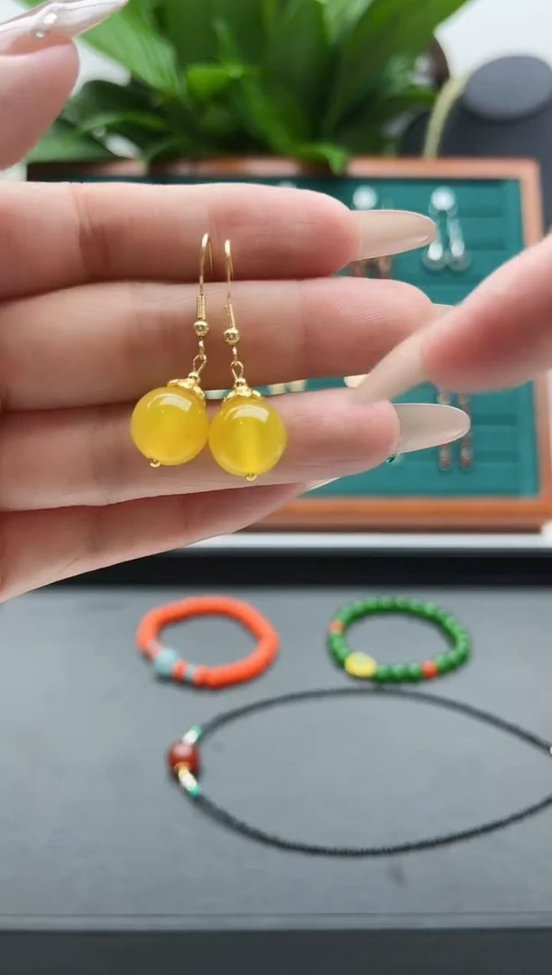 【闪购商品】玛瑙/玉髓耳饰银S925镀金镶嵌6515黄单珠