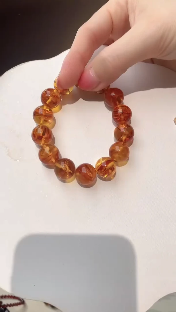 裸石琥珀未镶嵌15+花珀圆珠手串
