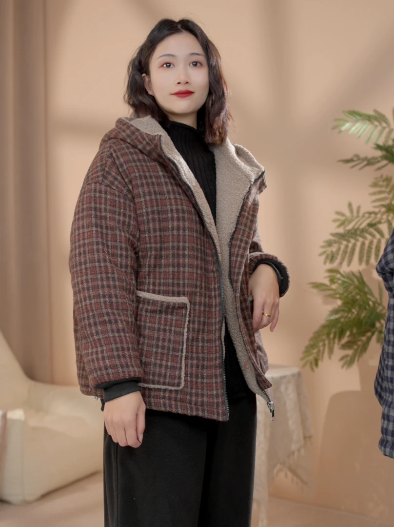 【双面穿】2024冬季新款休闲百搭双面穿加厚棉衣连帽保暖棉衣女