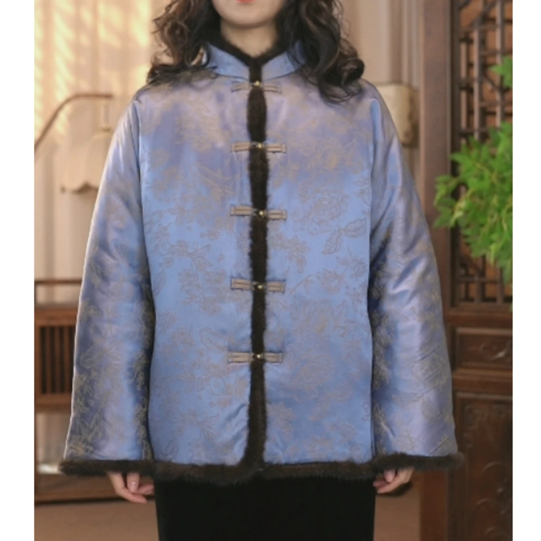 冬季新款新中式重缎提花拼接水貂毛保暖棉服25466