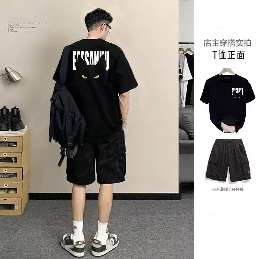 新款纯棉时尚休闲套装男士夏季潮牌痞帅休闲短袖t恤短裤两件套潮