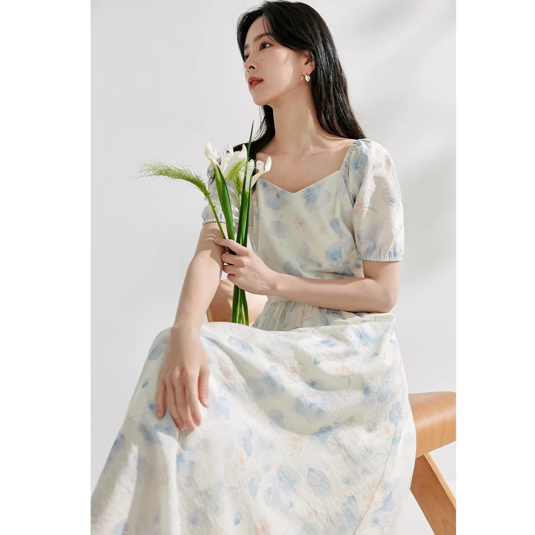 【莫奈花园】茵曼夏季浪漫度假碎花裙女法式收腰田园文艺晕染连衣裙