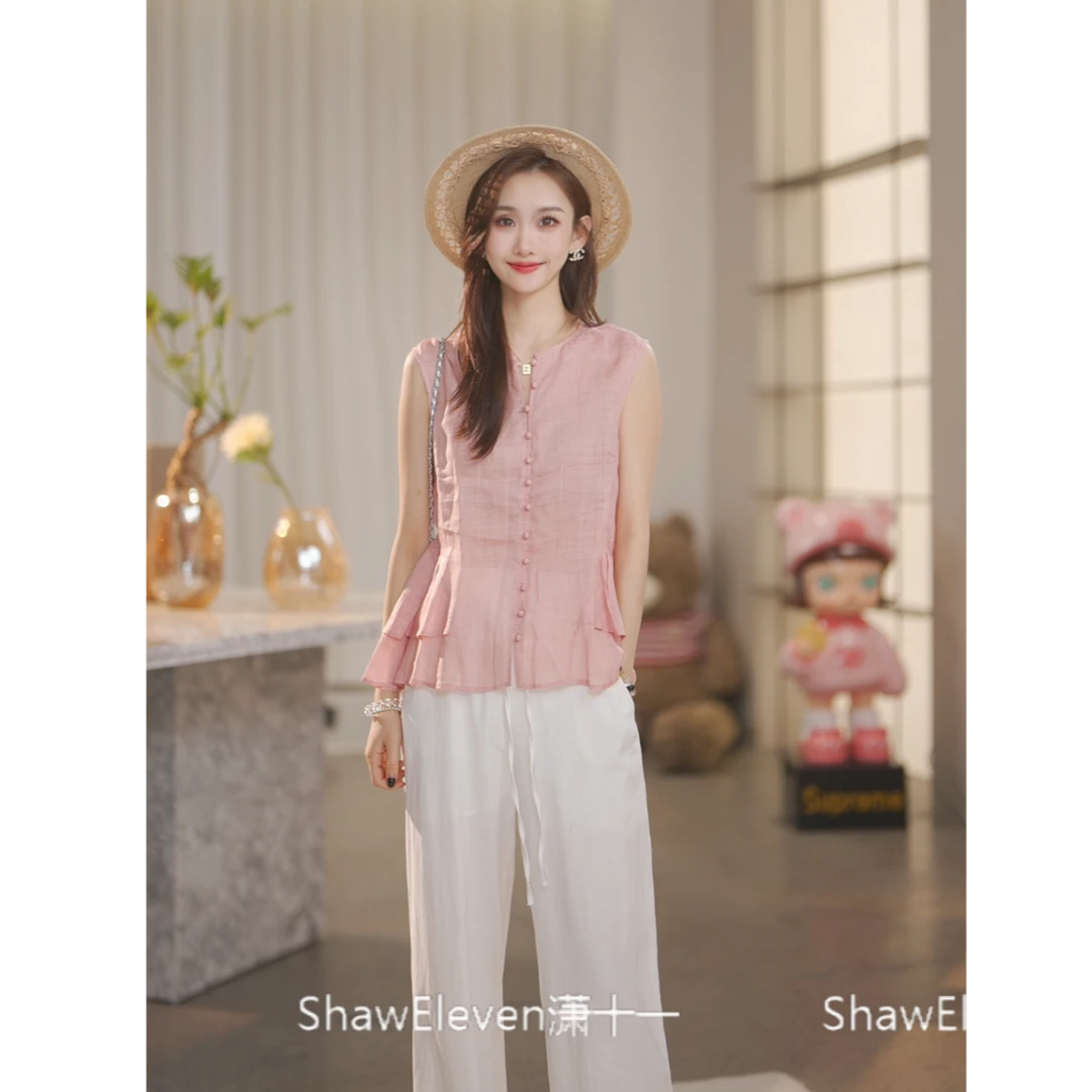W粉红心事【Shaw Eleven】2025夏法式荷叶边淑女苎麻无袖上衣770102