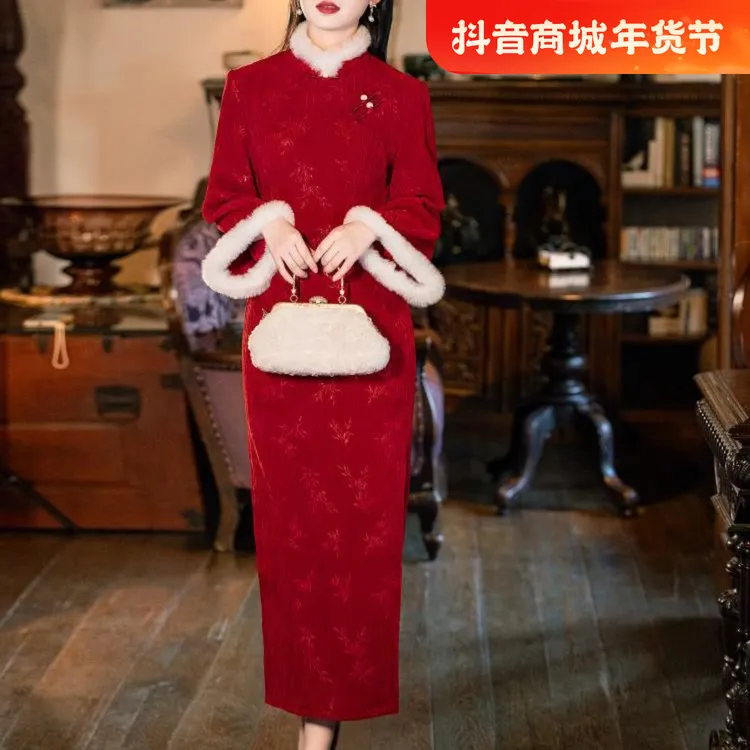 新中式红色旗袍敬酒服女秋冬新娘结婚订婚连衣裙加绒保暖拜年服