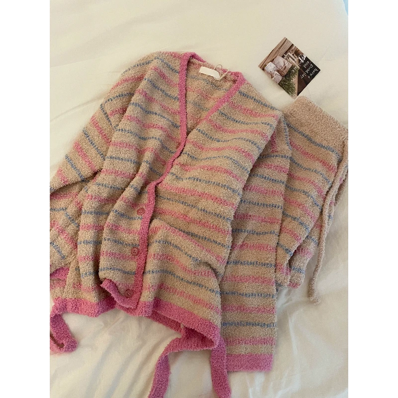 韩版可爱甜美条纹针织半边绒睡衣女款冬季新款长袖长裤家居服套装
