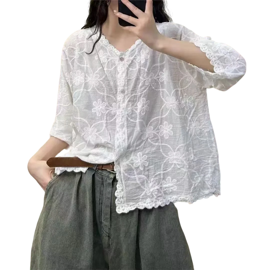 精致全身刺绣七分袖防晒服衬衫女夏开衫上衣