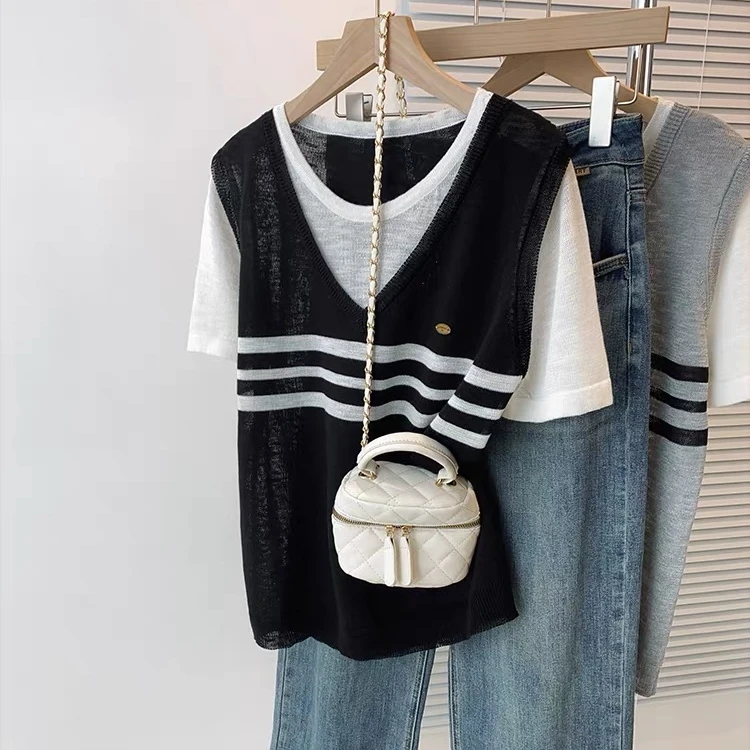 学院风撞色条纹假两件冰丝短袖针织T恤女夏季款宽松显瘦薄款上衣