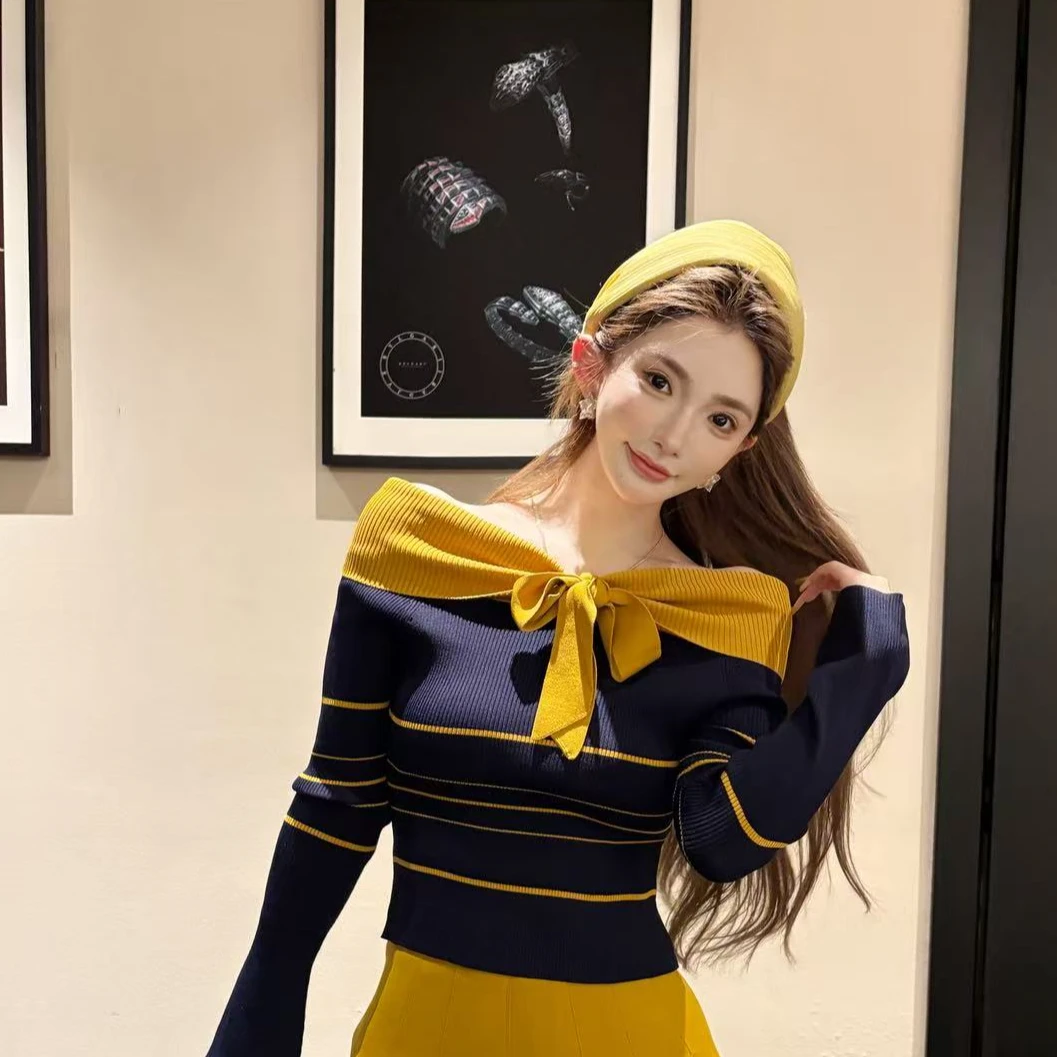 GUIDI GUDI【比翼】性感时尚露肩长袖T恤 /黄加蓝