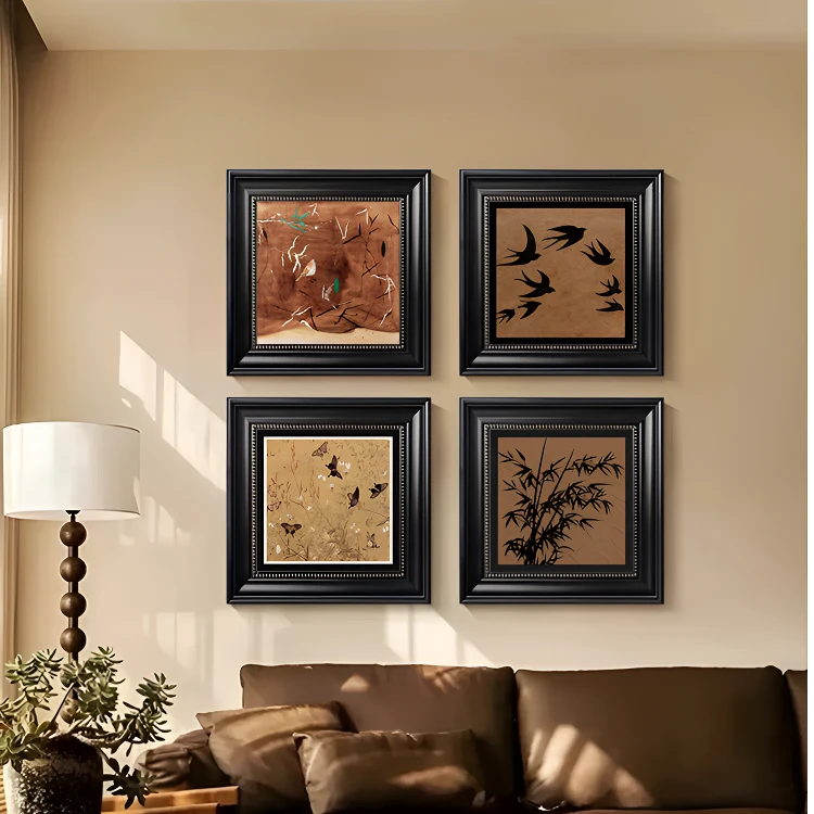 中古装饰画梅兰竹菊高级感卧室壁画美式复古客厅沙发背景墙挂画