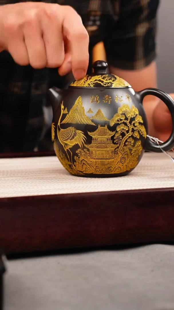 茶杯紫砂石黄 龙蛋 仙鹤 描金