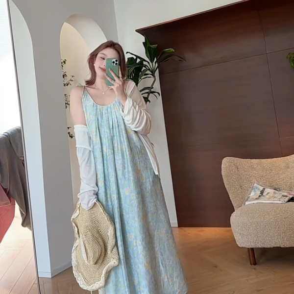 【瘦瘦】椰椰海风-大码夏季度假法式莱赛尔碎花显瘦吊带裙S01554