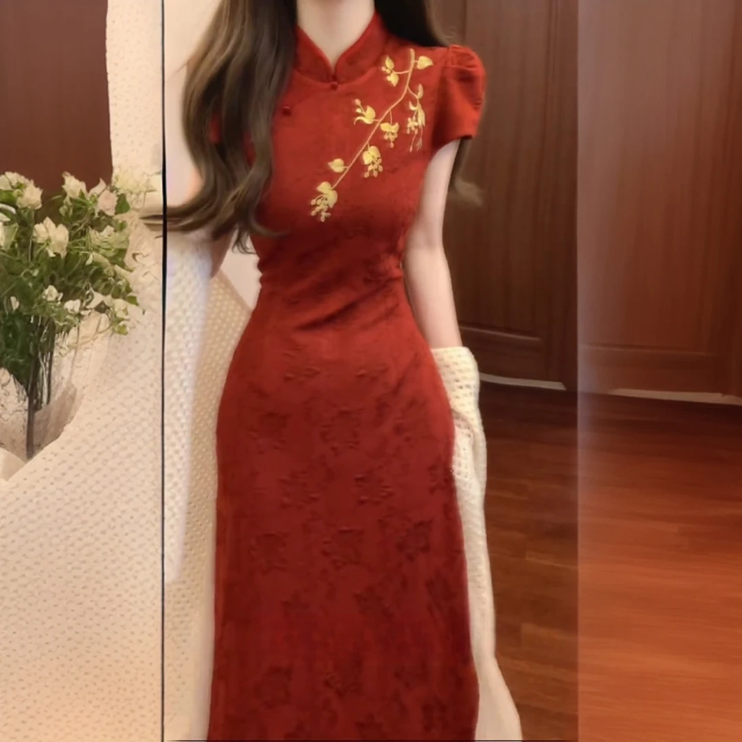 【华悦】高档订婚新中式刺绣新娘红色连衣裙旗袍2026夏季短袖假两件
