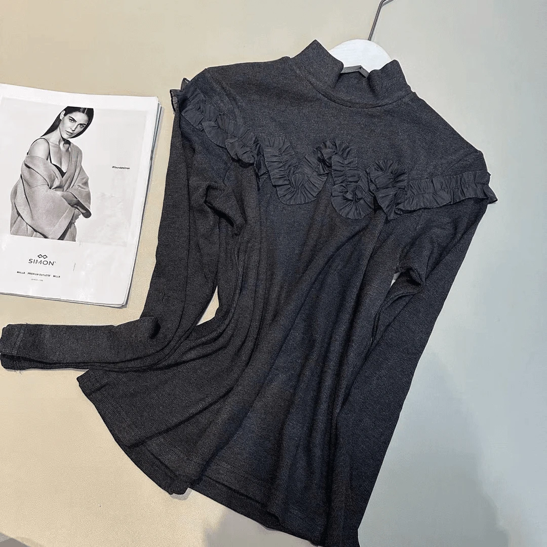 设计感立体花朵拼接长袖T恤秋冬2025新款百搭长袖显瘦半高领上衣