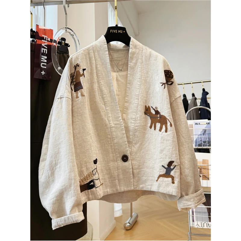 特大码300斤男女重工刺绣独特别致的V领高端亚麻外套秋季夹克外套
