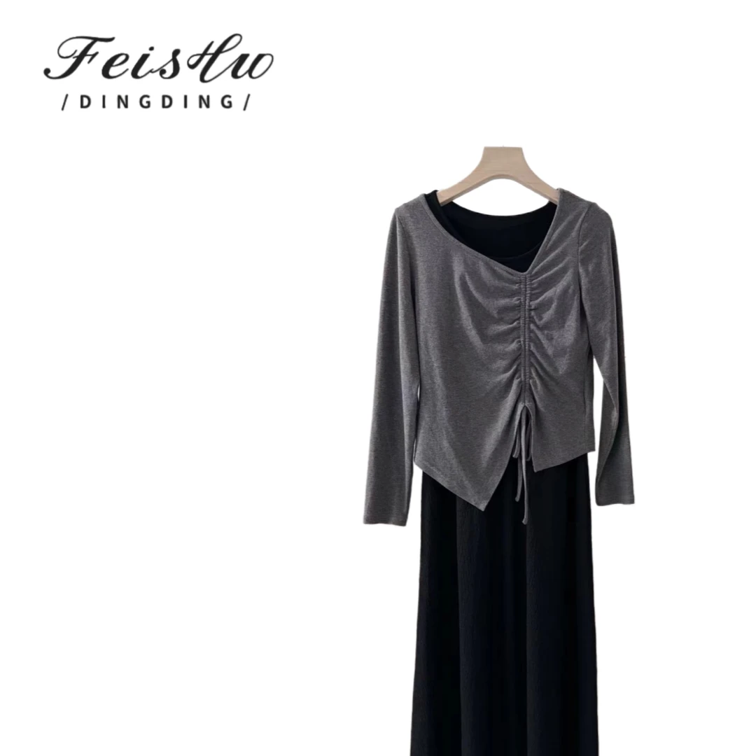 T929简约休闲风时尚套装上衣假两件女装百搭衬衫短款