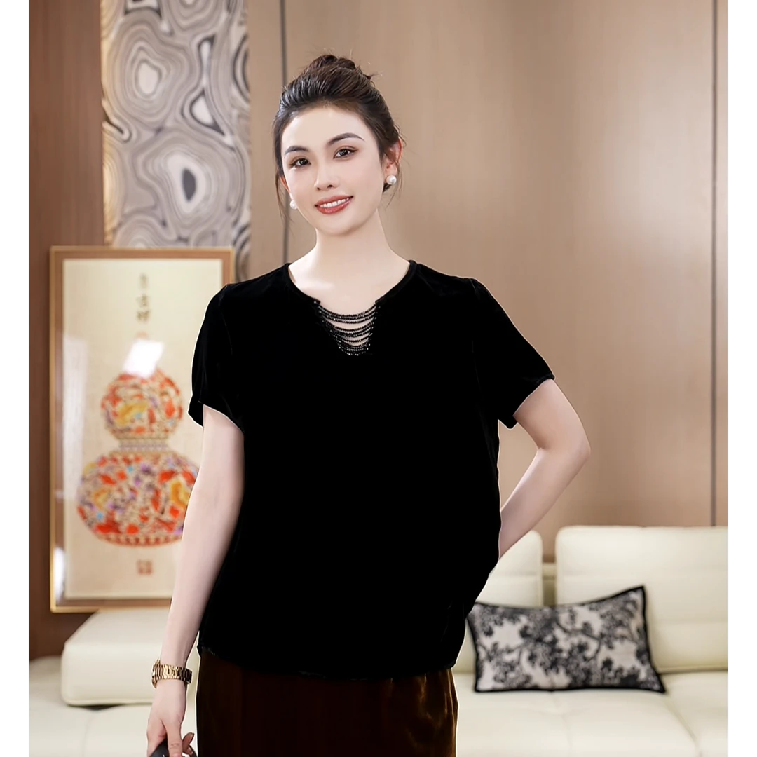 珠帘玉幕真丝丝绒显瘦设计气质短袖夏季上衣