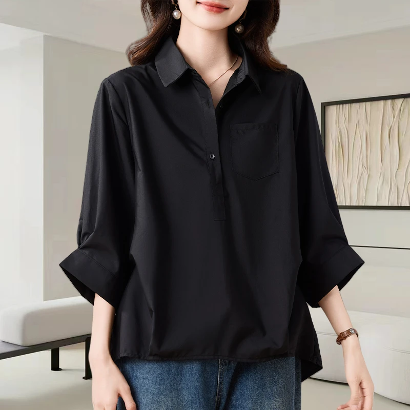 黑色翻领防晒中袖衬衫女2025夏季新款轻奢高级感宽松显瘦大码上衣