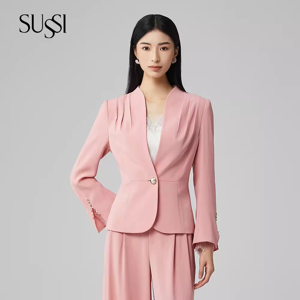 SUSSI/古色24春商场同款粉色商务通勤V领设计感减龄上衣外套女