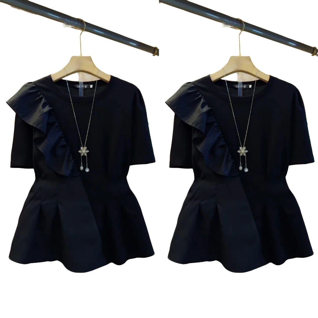 时尚夏季新款百搭洋气显瘦遮肉假两件宽松大码打底短袖女士衫T恤