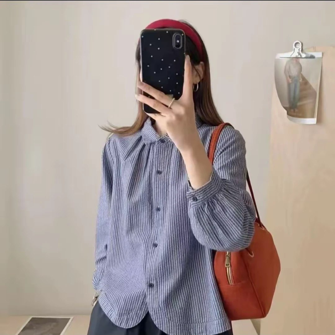【现货】2025新款秋季气质复古港风设计感条纹休闲百搭衬衫