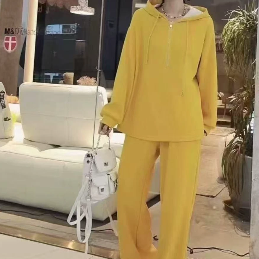 婷婷家连帽半拉链长袖上衣阔腿长裤女装韩版减龄休闲两件套