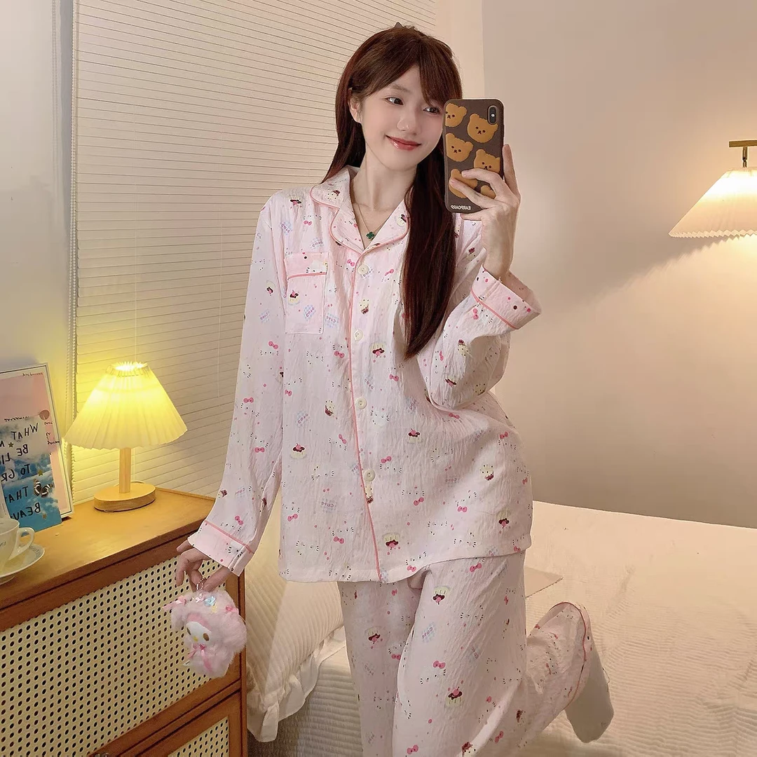 蛋糕Kitty 春秋冬女款长袖长裤显瘦100%纯棉翻领睡衣套装8755-23