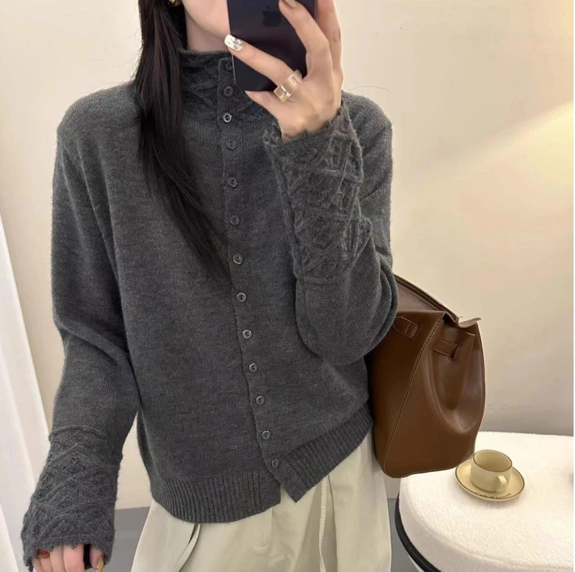 钩花半高领打底毛衣宽松型女士中国风衫常规厚度