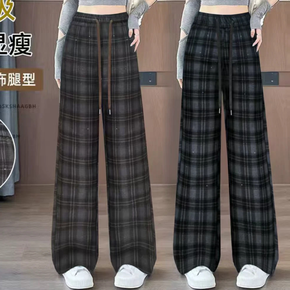 2025年秋款腰带直筒裤免烫处理格子休闲裤复古格子裤长裤韩版