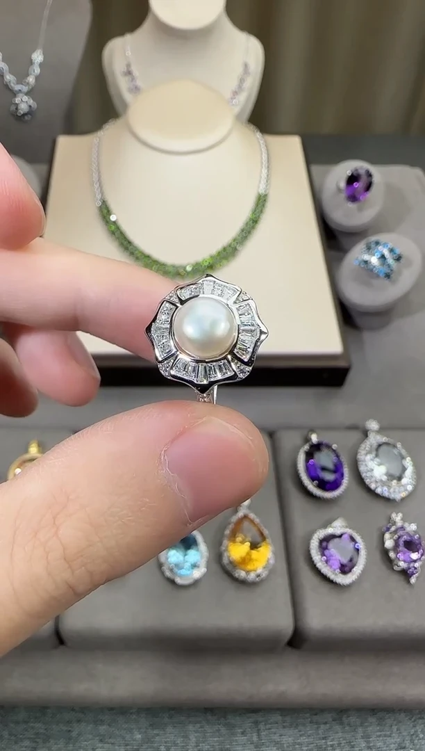 银S925镶嵌戒指淡水珍珠8mm戒指设计款